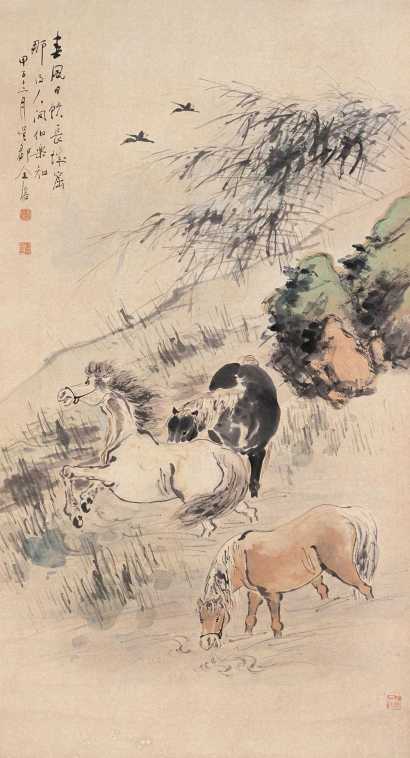 金寿石 甲子(1924)年作 饮马图 立轴